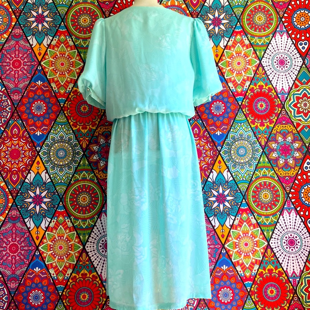 Vintage 1980s Baby Blue Puff Sleeve Blouson Dress Sz 12 - Picture 3 of 12